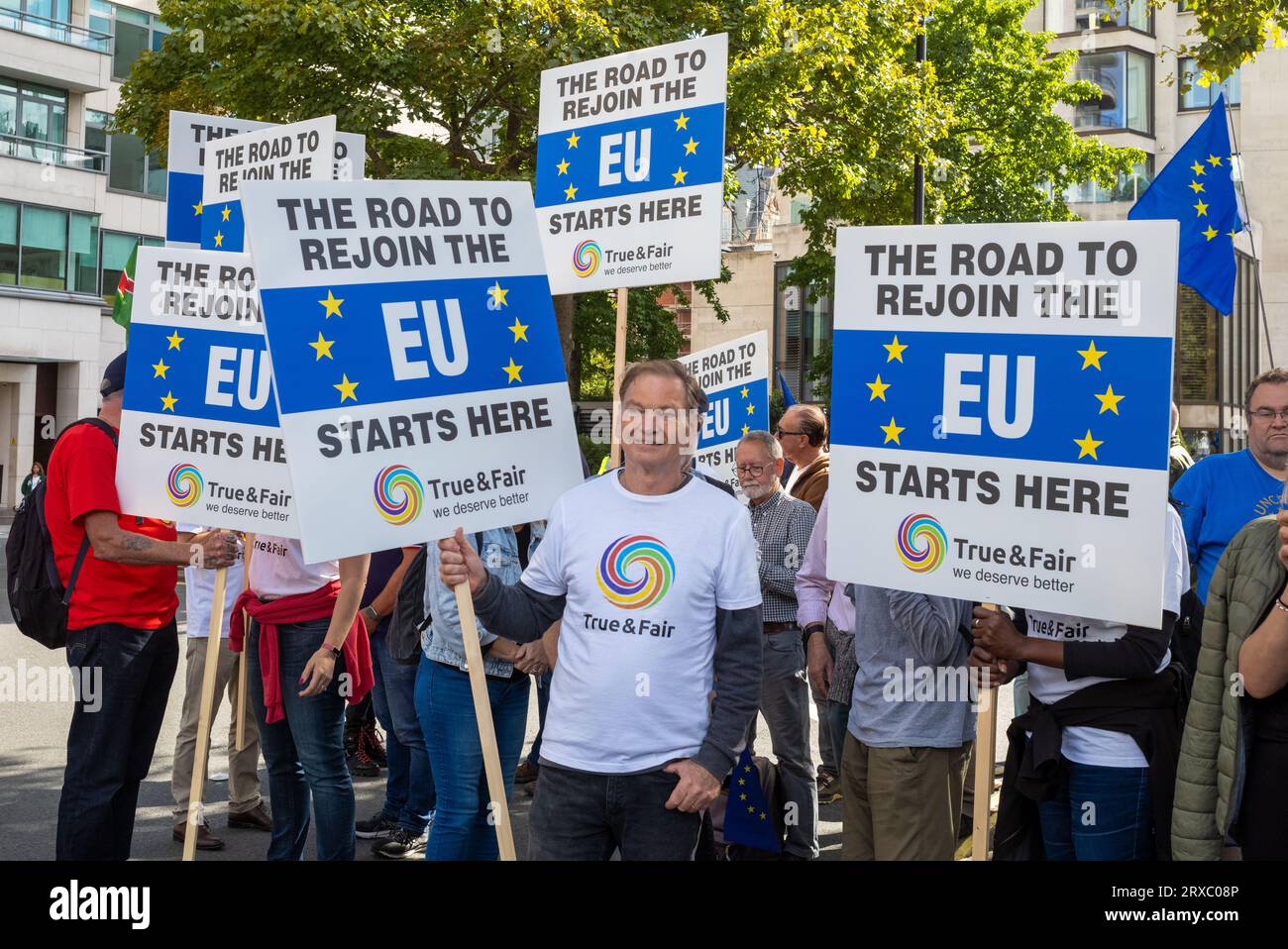 London / UK - Sep 23 2023: Anti-Brexit activists hold placards at  the EU National Rejoin March in central London. Thousands of people marched across Stock Photo