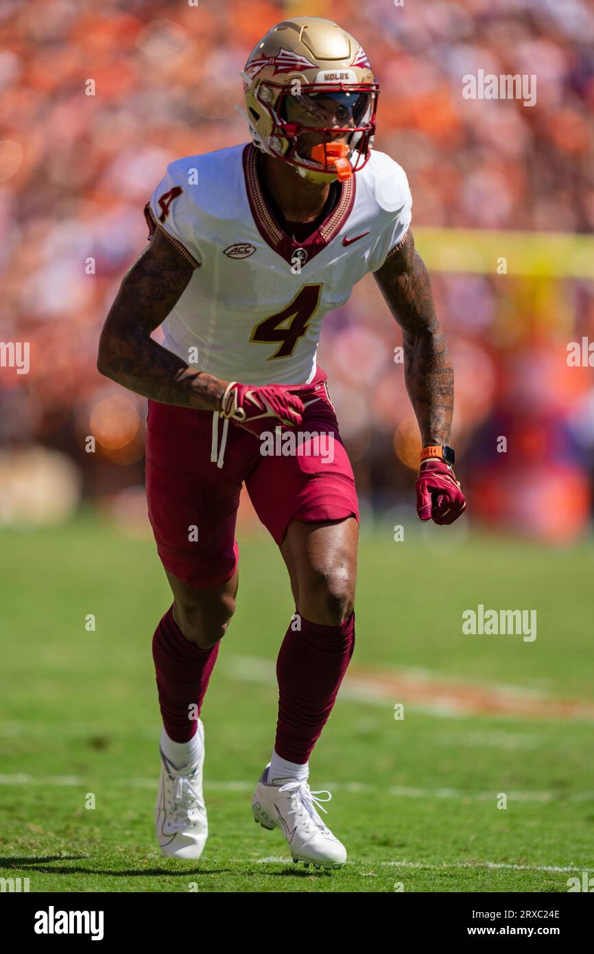 Florida State wide receiver Keon Coleman (4) plays against Clemson