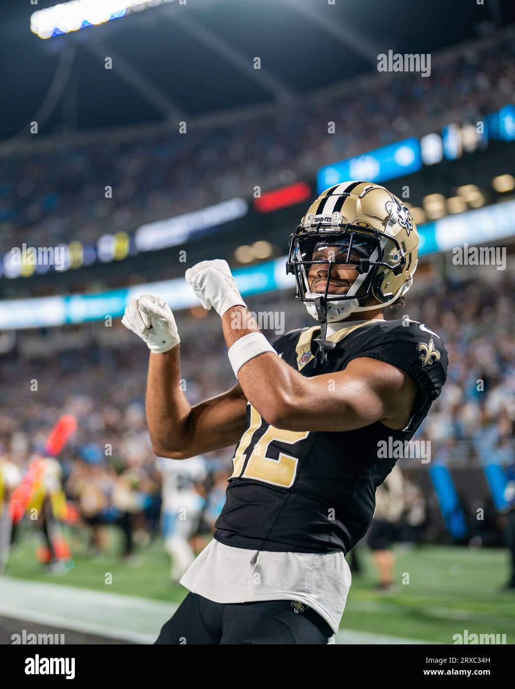New Orleans Saints wide receiver Chris Olave (12) celebrates after a  touchdown that was then called back for stepping out of bounds during an  NFL football game against the Carolina Panthers Monday,