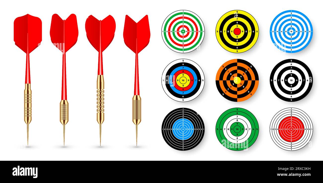 Paper targets with dart arrows and shadows. Shooting range round target, divisions, marks and numbers. Gun shooting practise and training, sport Stock Vector