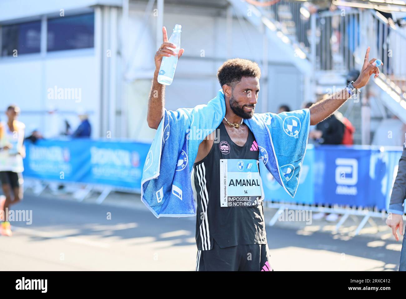 Berlin, Germany. 09/24/2023, Berlin, Germany, Amanal Petros breaks German record. Amanal Petros (Marathon Team Berlin) ran a sensational German record. The 28-year-old crossed the finish line in ninth place after 2:04:58 Sven Struck / Alamy Live News Stock Photo