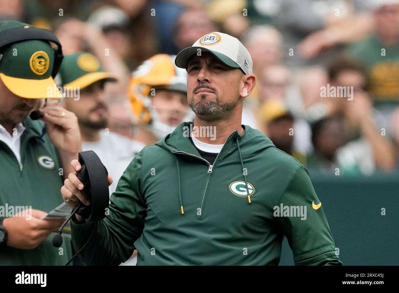 Green Bay Packers head coach Matt LaFleur reacts on the sideline