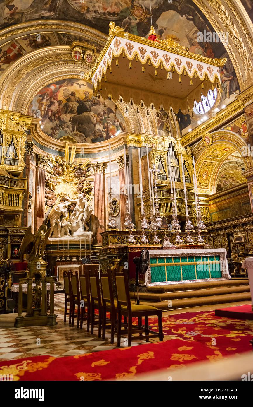 Valletta, Malta - 17 June 2023: Detail of the altar and its chapel inside Valletta Cathedral, Malta Stock Photo