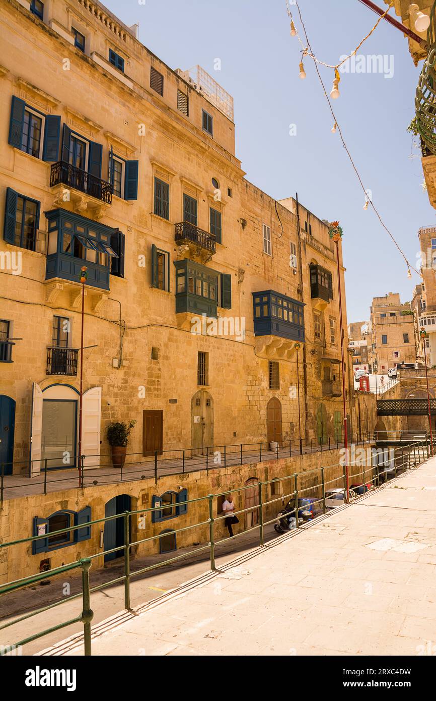 Valletta, Malta - 17 June 2023: Gallarija, the typical blue closed balconies in Valletta, Malta Stock Photo