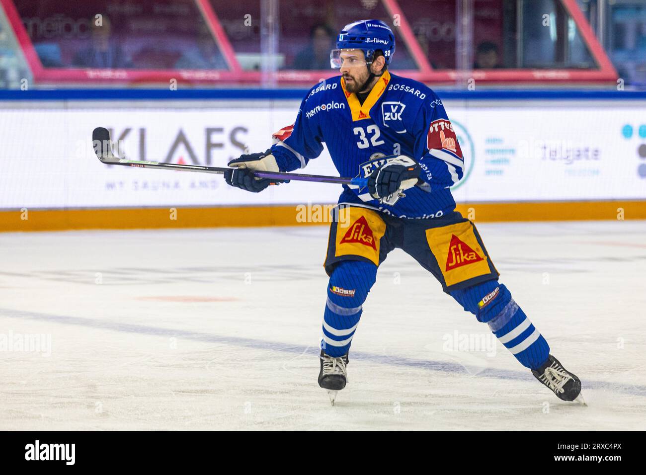 Lukas Bengtsson #32 (EV Zug) during the National League Regular Season ice hockey game between EV Zug and SC Bern on September 23rd, 2023 in the Bossard Arena in Zug