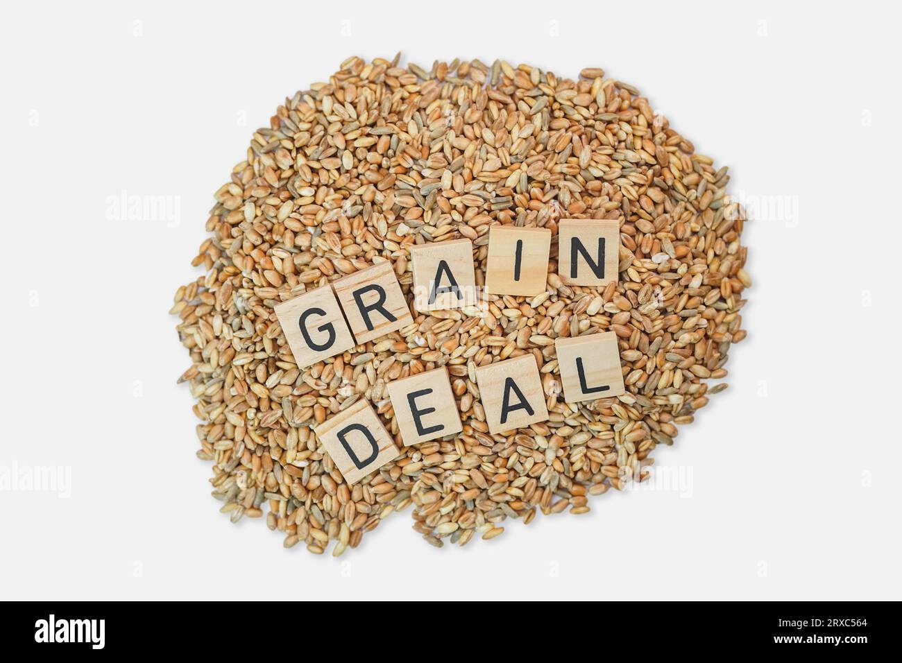 Wheat grains with letters Grain Deal isolated, Ukrainian grain crisis