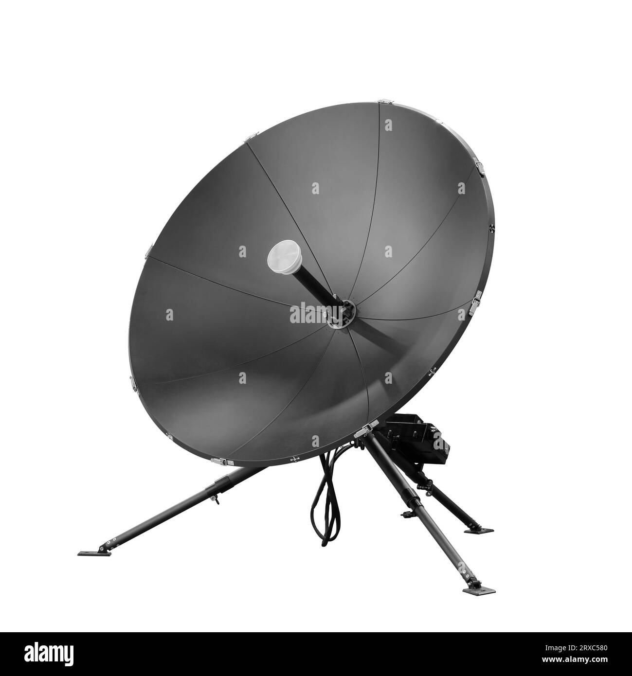 Round satellite antenna for radio space communication isolated on white background Stock Photo