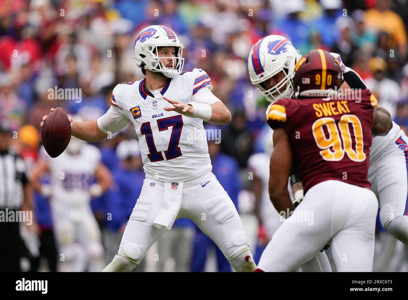 Buffalo Bills quarterback Josh Allen (17) throwing the ball against the Washington  Commanders during the first half of an NFL football game, Sunday, Sept. 24,  2023, in Landover, Md. (AP Photo/Evan Vucci