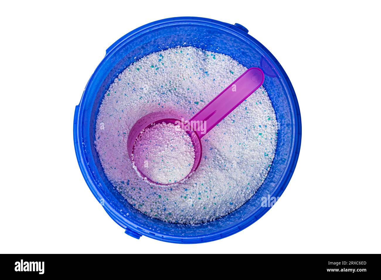Washing powder in a plastic spoon in a blue plastic container, top view Stock Photo
