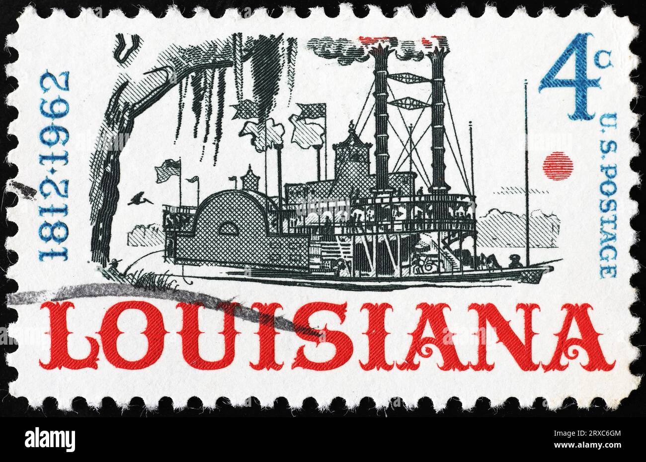 Celebration of Louisiana state on old american stamp Stock Photo