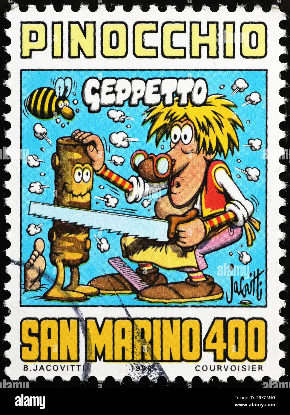 Geppetto from Pinocchio humorously drawn by jacovitti on stamp Stock Photo