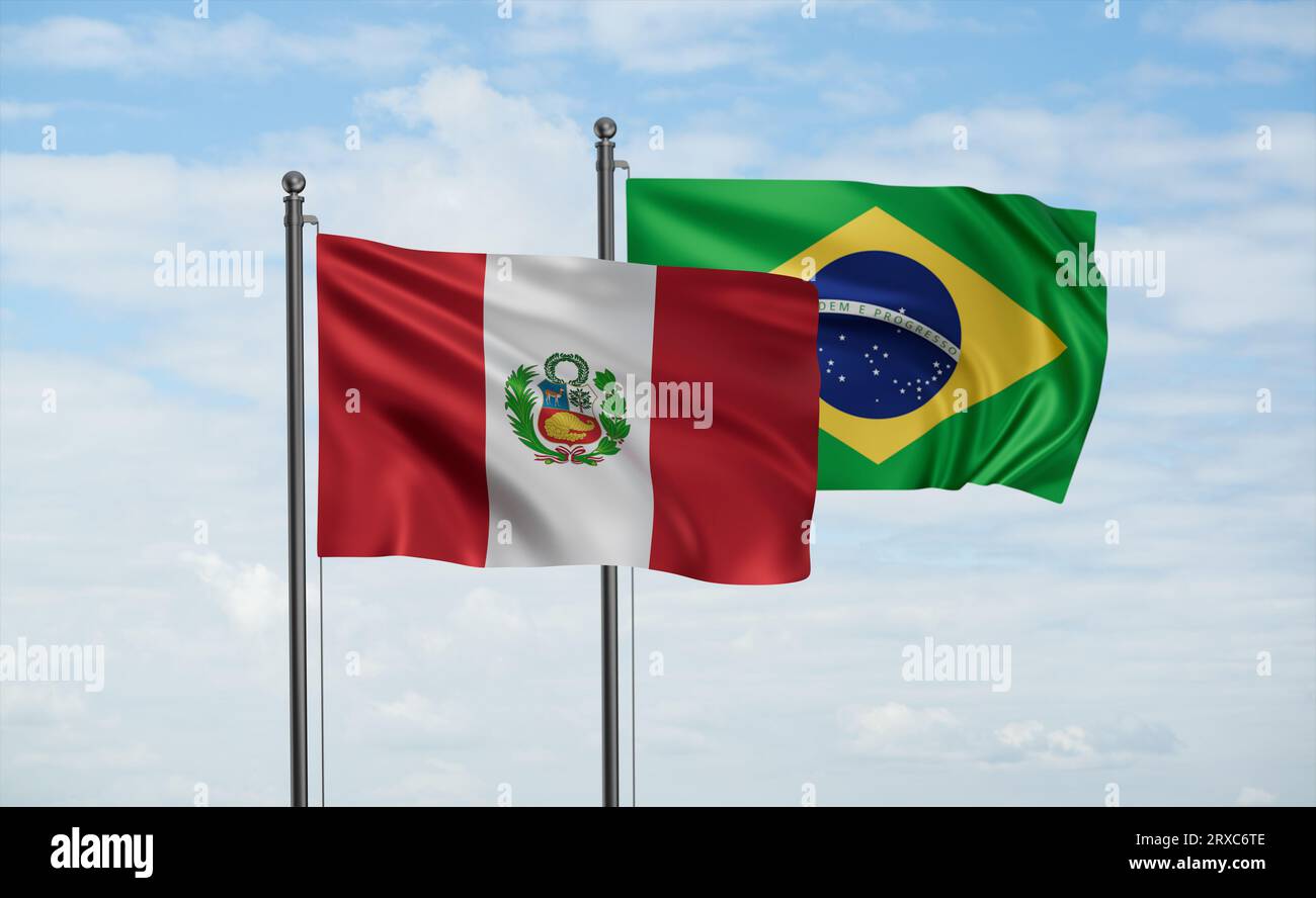 Brazil flag and Peru flag waving together on blue sky, two country ...