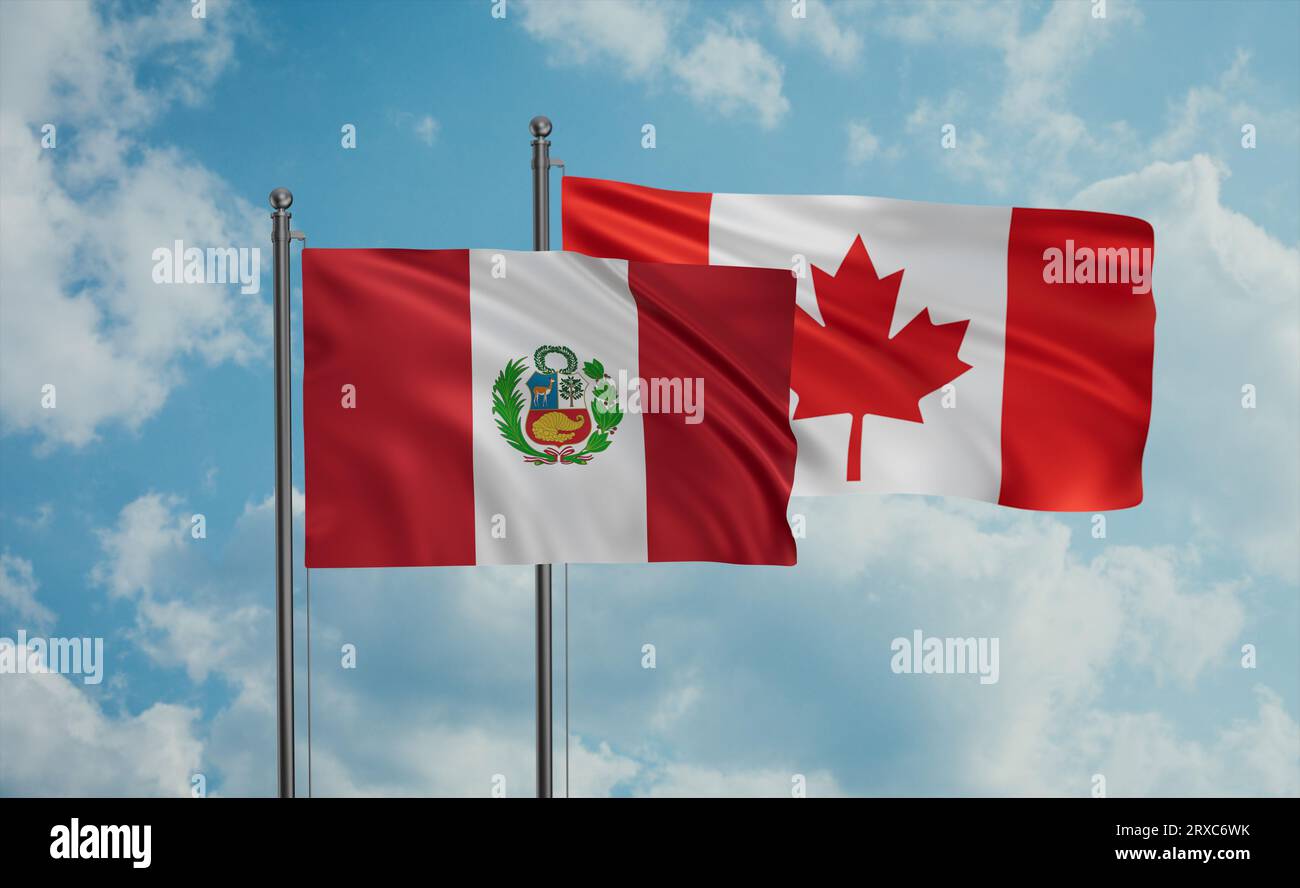 Canada and Peru flag waving together in the wind on blue sky, two ...