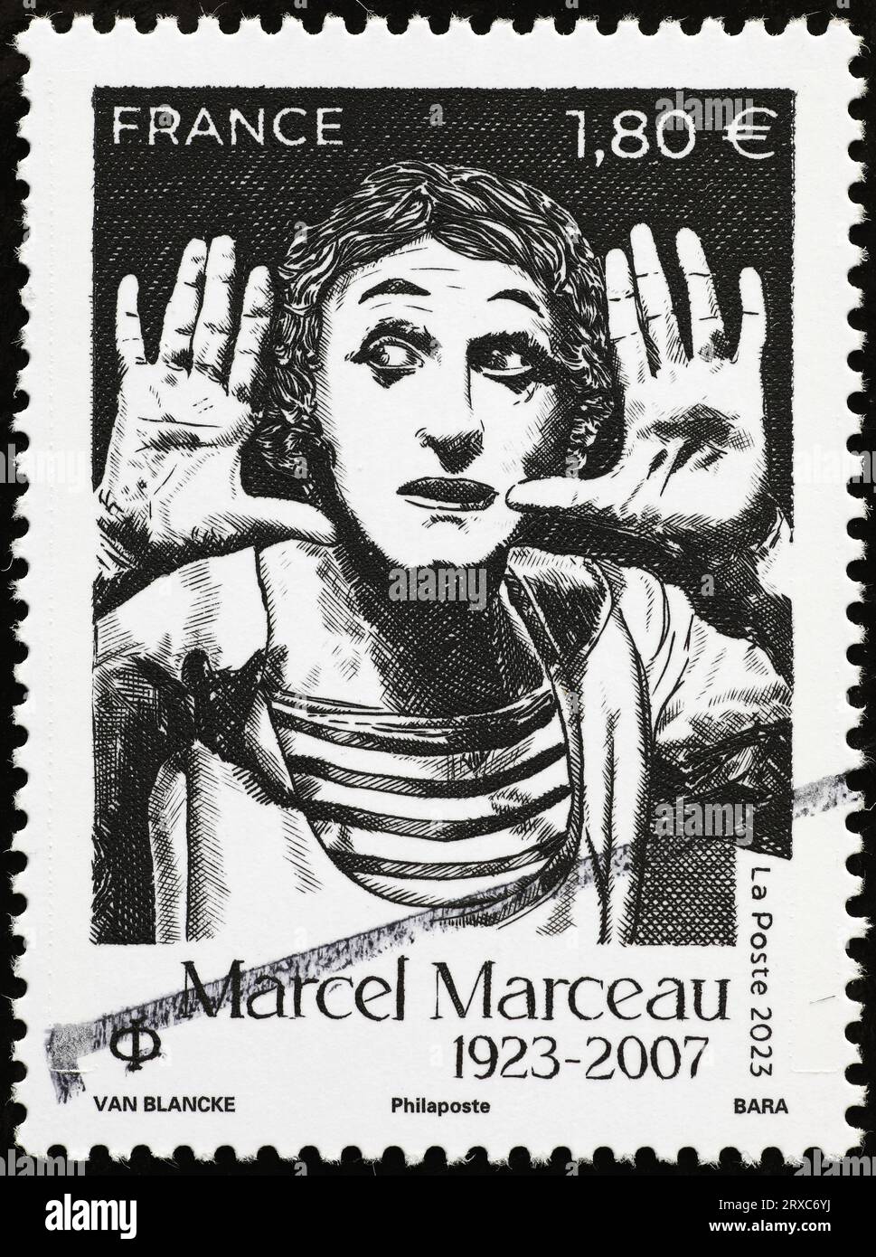 Mime artist Marcel Marceau on french postage stamp Stock Photo