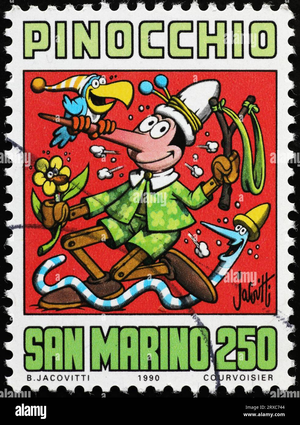 Pinocchio humorously drawn by jacovitti on stamp Stock Photo