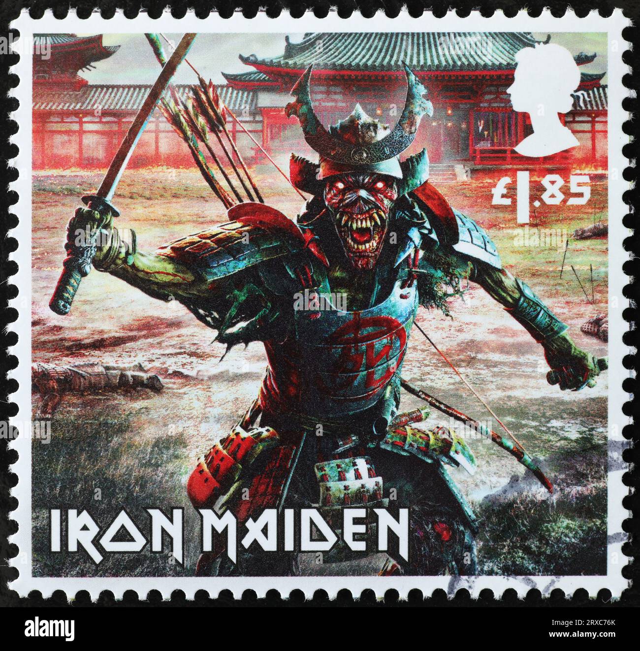 Samurai Zombie of Iron Maiden band on british stamp Stock Photo