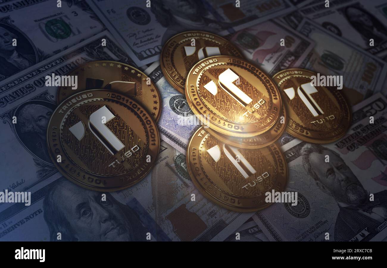 TrueUSD stablecoin TUSD cryptocurrency golden coin over Dollar banknotes. Online payment and crypto money transaction abstract concept 3d illustration Stock Photo