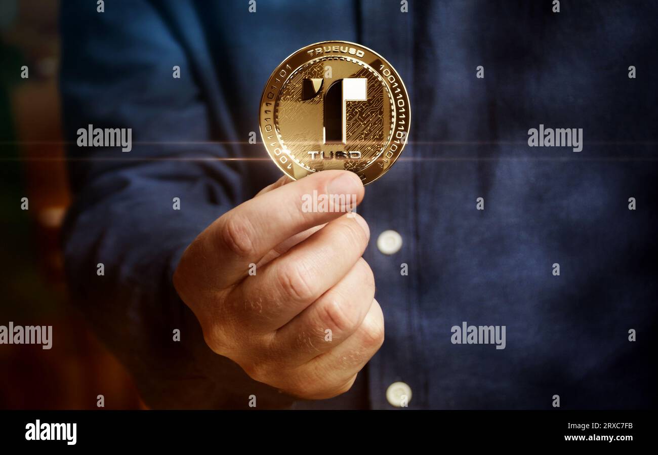 TrueUSD stablecoin TUSD cryptocurrency golden coin in hand abstract concept 3d illustration Stock Photo