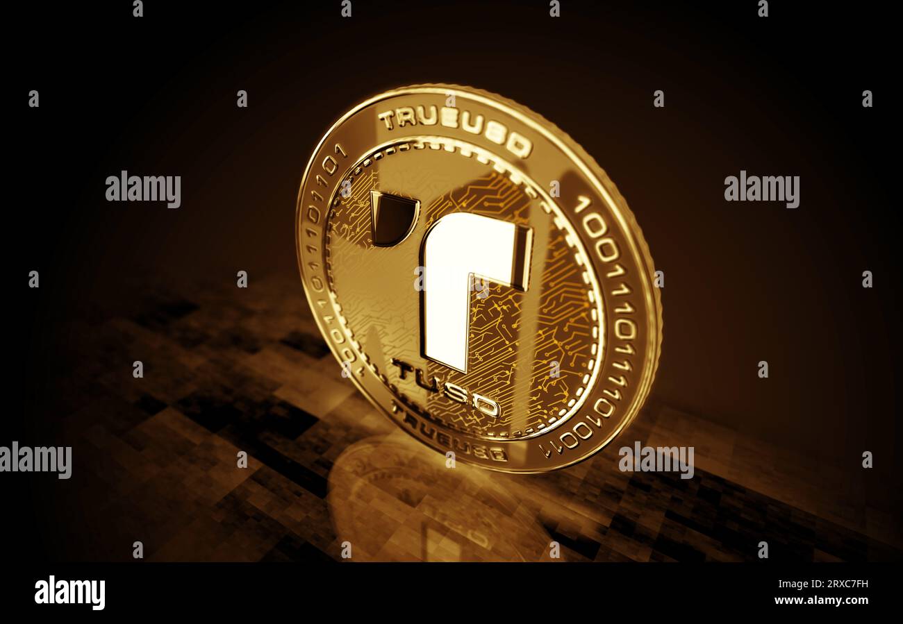 TrueUSD stablecoin TUSD cryptocurrency gold coin on green screen  background. Abstract concept 3d illustration Stock Photo - Alamy