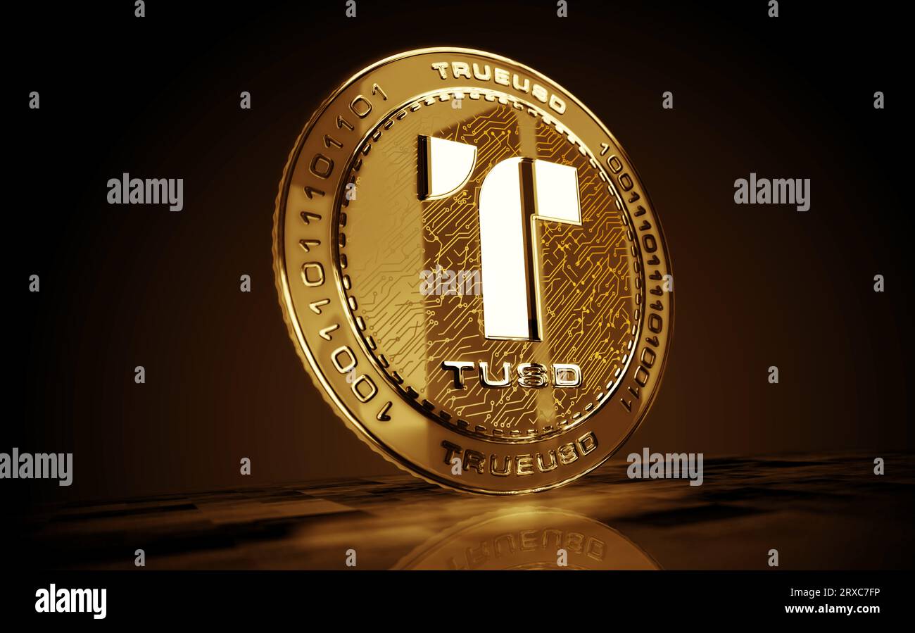 TrueUSD stablecoin TUSD cryptocurrency gold coin on green screen background. Abstract concept 3d illustration. Stock Photo