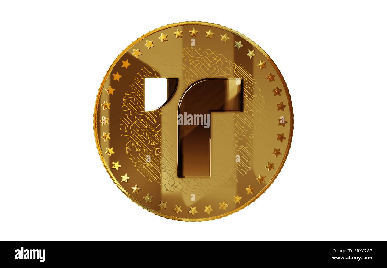 TrueUSD stablecoin TUSD cryptocurrency isolated gold coin on green screen background. Abstract concept 3d illustration. Stock Photo