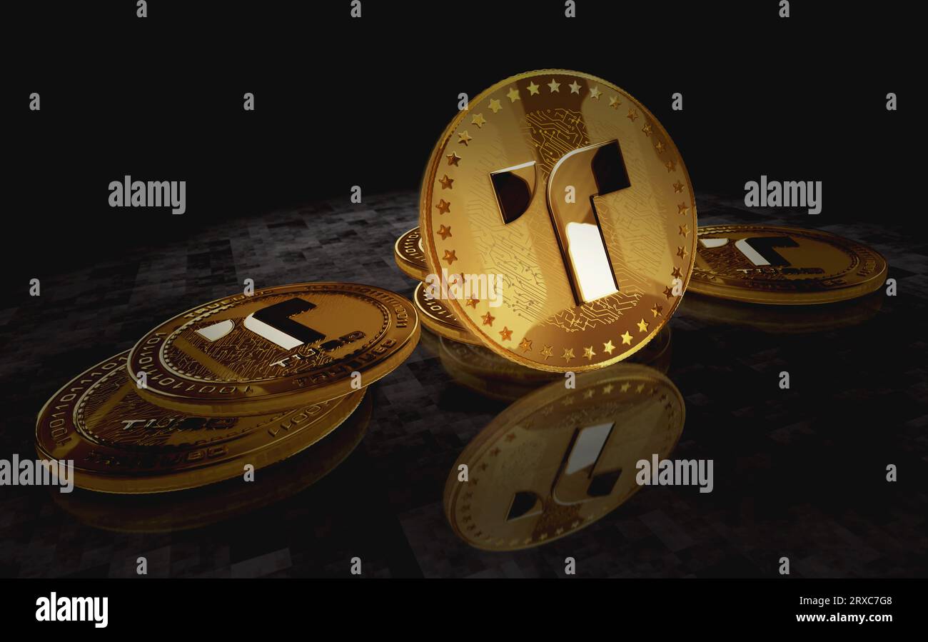 TrueUSD stablecoin TUSD cryptocurrency gold coin on green screen background. Abstract concept 3d illustration. Stock Photo
