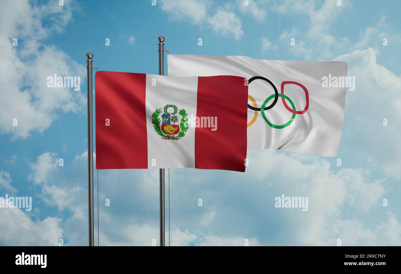 Olympic Games and Peru flag waving together in the wind on blue sky ...