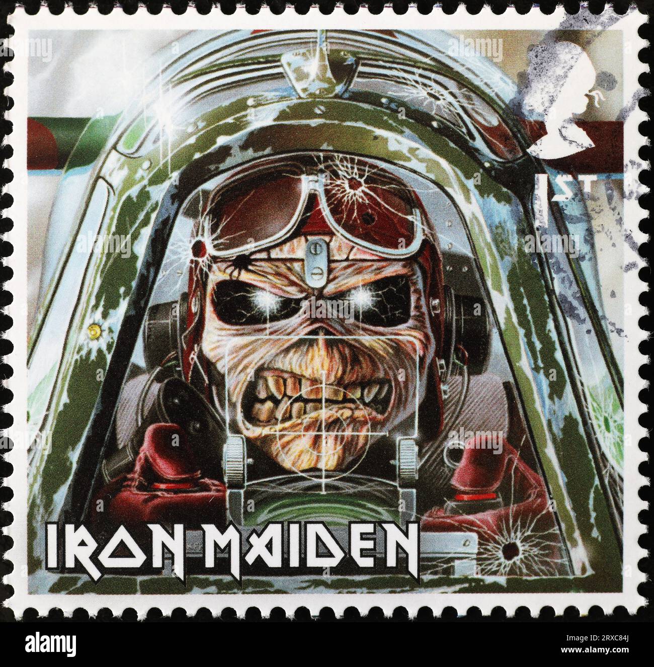 Zombie airplane pilot of Iron Miden band on british stamp Stock Photo