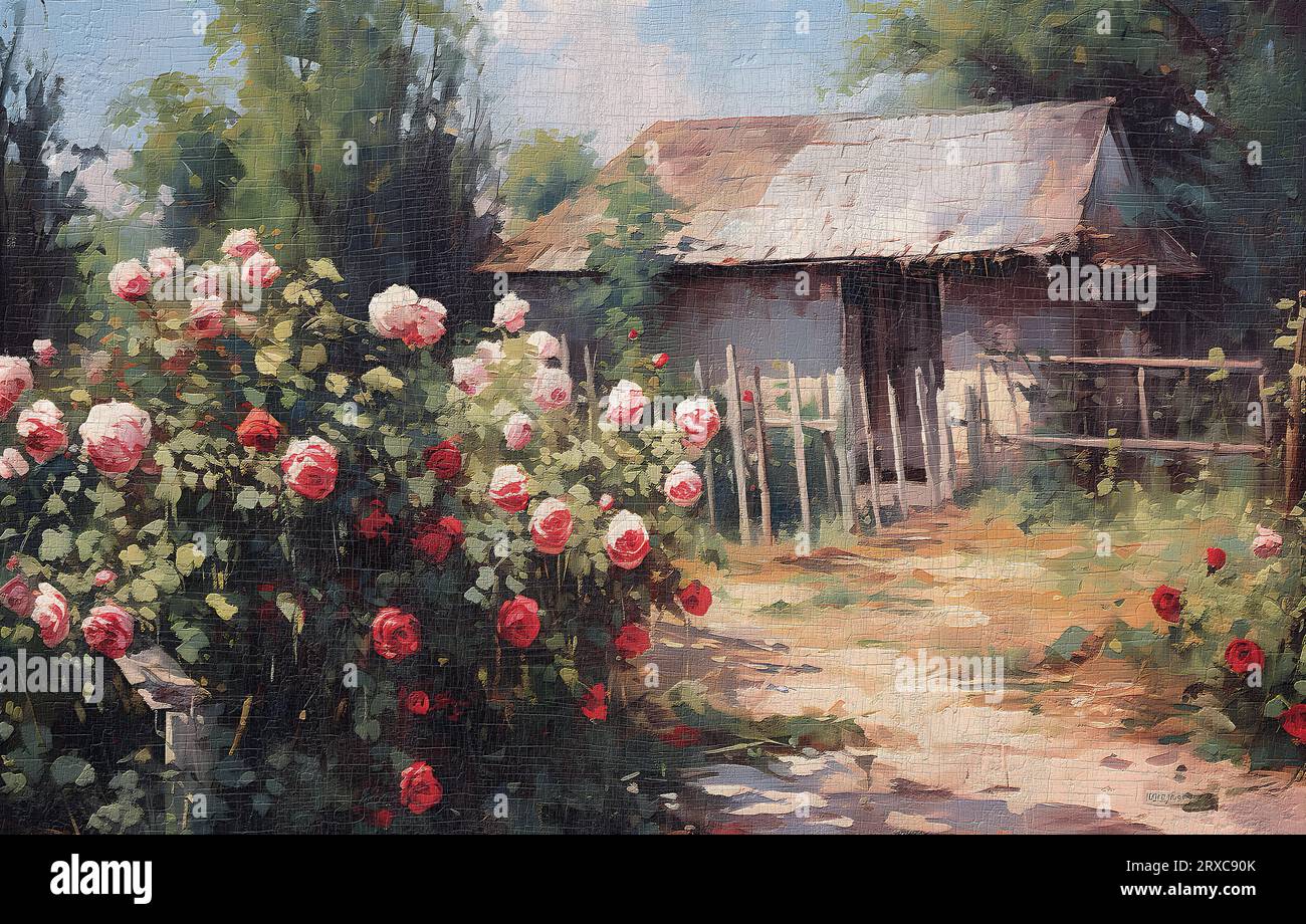 Vintage Cottage Art White & Red Flowers High Resolution Digital Oil Painting Wall Art Stock