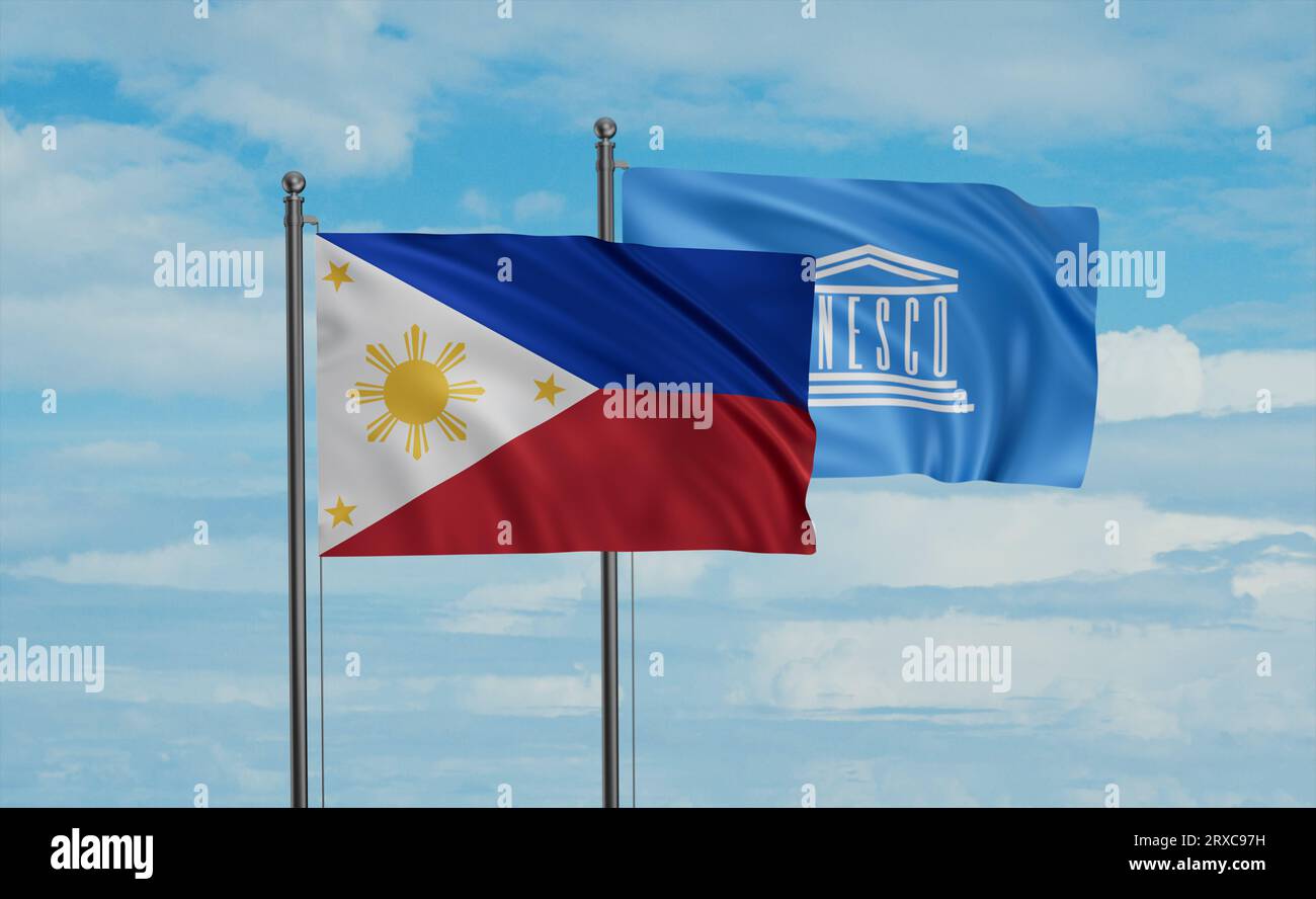 UNESCO and Philippines flag waving together in the wind on blue sky ...
