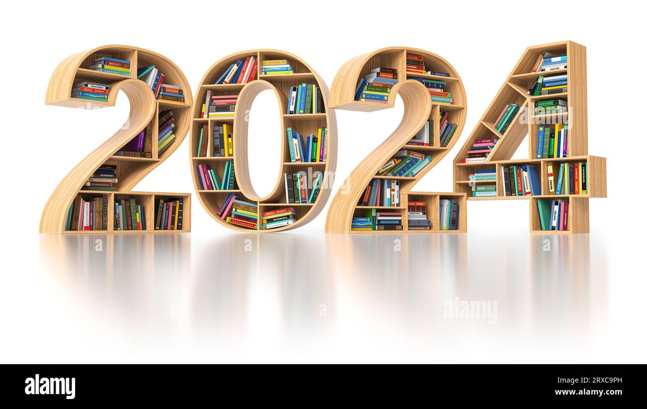Happy 2024 new year education concept. Bookshelves with books in the