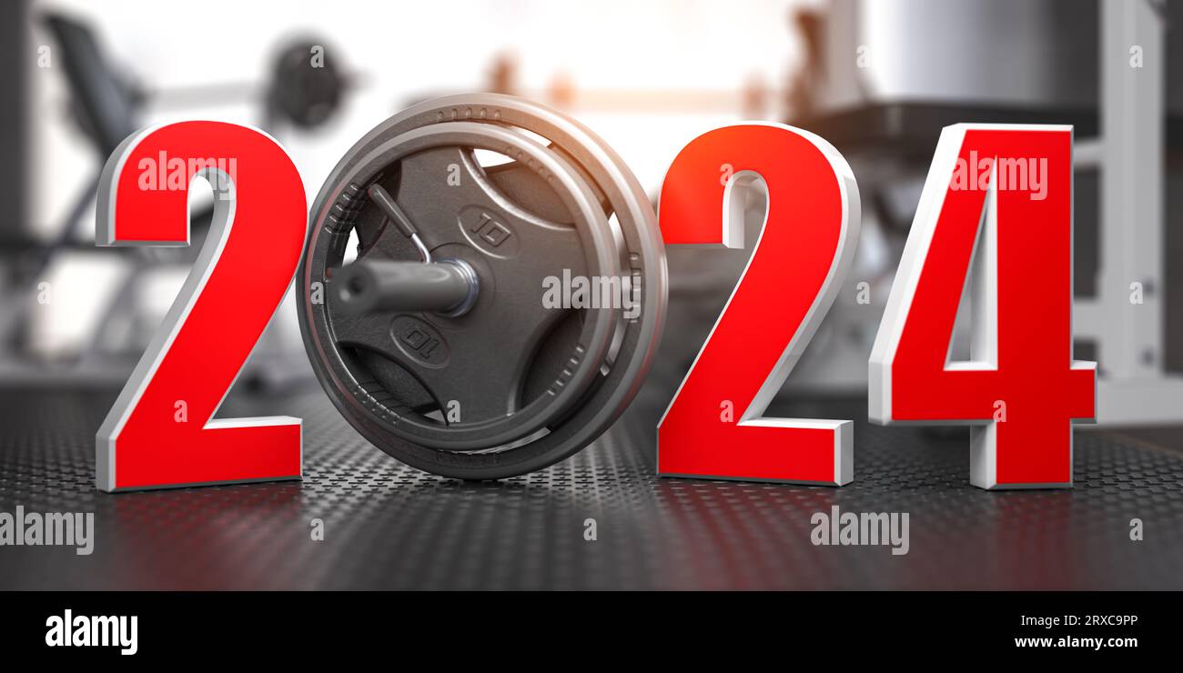 2025 Happy New Year in fitness bodybuilding workout gym. Number 2025 with barbell and oter
