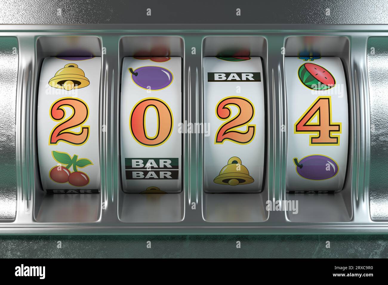 2024 Happy New Year  in casino. Slot machine with jackpot number 2024. 3d illustration Stock Photo