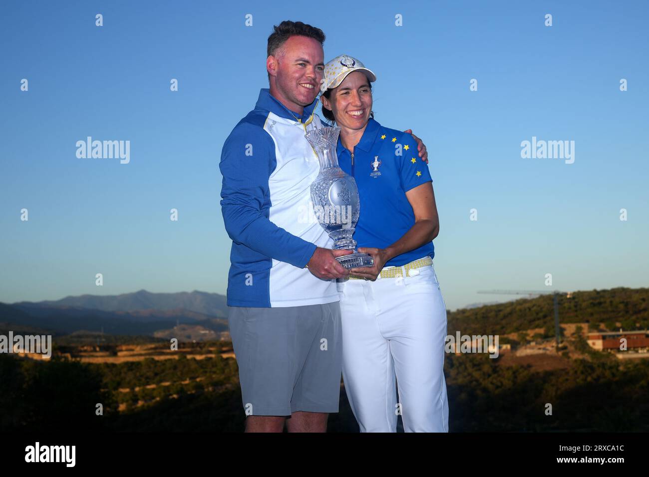 Europe's Carlota Ciganda (right) and boyfriend Jamie Longman with the Solheim Cup following day