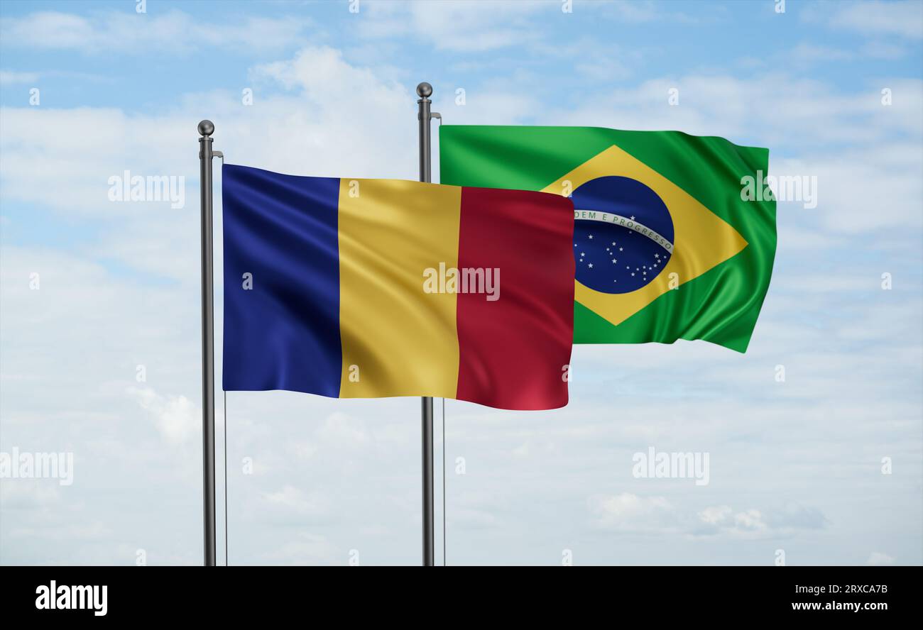 Brazil flag and Romania flag waving together on blue sky, two country ...