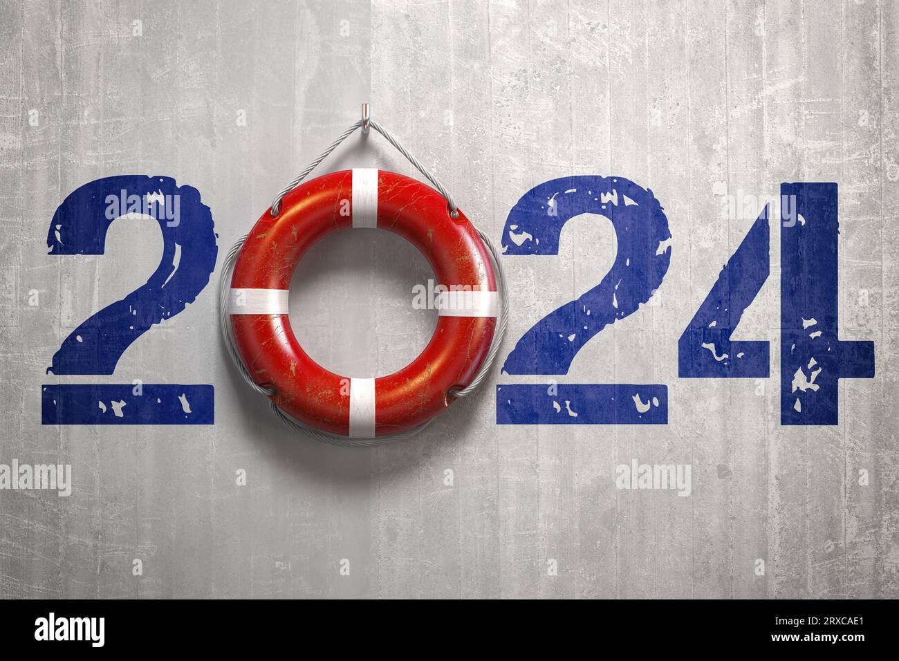 Happy New Saving 2024 Year Lifebouy On A Wall With Number 2024 3d   Happy New Saving 2024 Year Lifebouy On A Wall With Number 2024 3d Illustration 2RXCAE1 