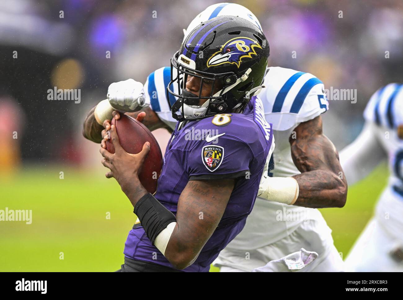 Baltimore, United States. 24th Sep, 2023. Baltimore Ravens quarterback Lamar Jackson (8) scores against the Indianapolis Colts on an 8 yard run during the first half at M&T Bank Stadium in Baltimore, Maryland, on Sunday, September 24, 2023. Photo by David Tulis/UPI Credit: UPI/Alamy Live News Stock Photo