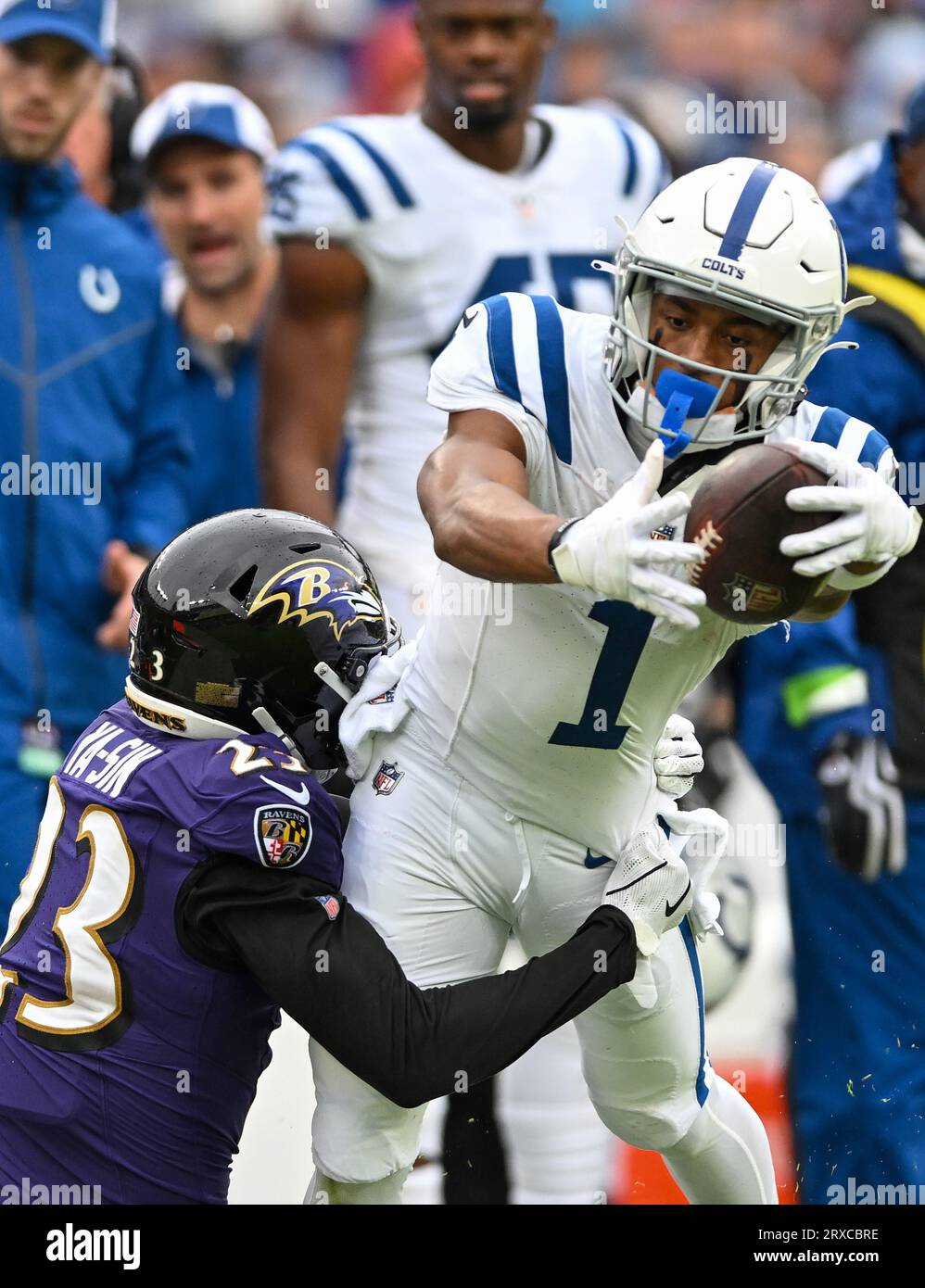 Baltimore, United States. 24th Sep, 2023. Indianapolis Colts wide receiver Josh Downs (1) makes a catch in front of Baltimore Ravens cornerback Rock Ya-Sin (23) during the first half at M&T Bank Stadium in Baltimore, Maryland, on Sunday, September 24, 2023. Photo by David Tulis/UPI Credit: UPI/Alamy Live News Stock Photo
