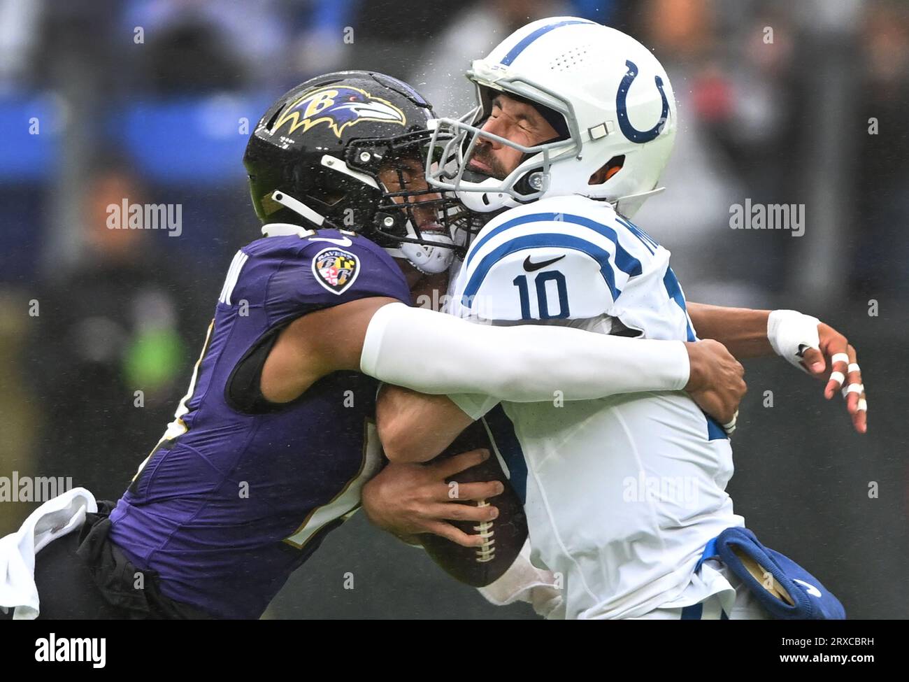 Baltimore, United States. 24th Sep, 2023. Baltimore Ravens safety Kyle Hamilton (L) sacks Indianapolis Colts quarterback Gardner Minshew II (10) during the first half at M&T Bank Stadium in Baltimore, Maryland, on Sunday, September 24, 2023. Photo by David Tulis/UPI Credit: UPI/Alamy Live News Stock Photo