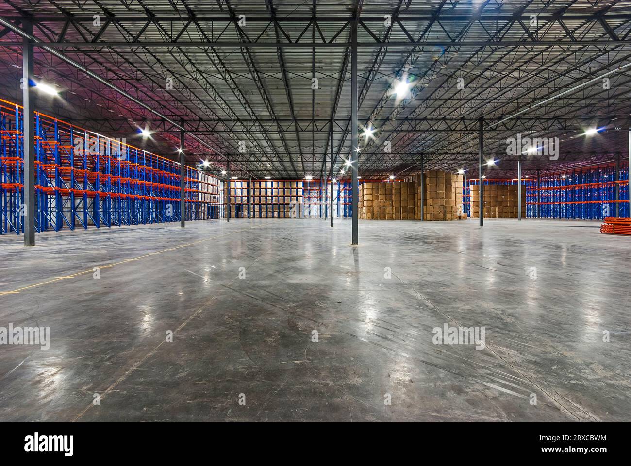Interior of a large new commercial cold-storage (industrial refrigeration) freezer showing shelving and concrete floor. Stock Photo