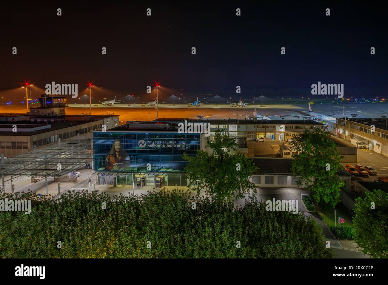 Nuremberg, Germany, September 10, 2023 Nuremberg Airport at night. view at main acess Nuremberg