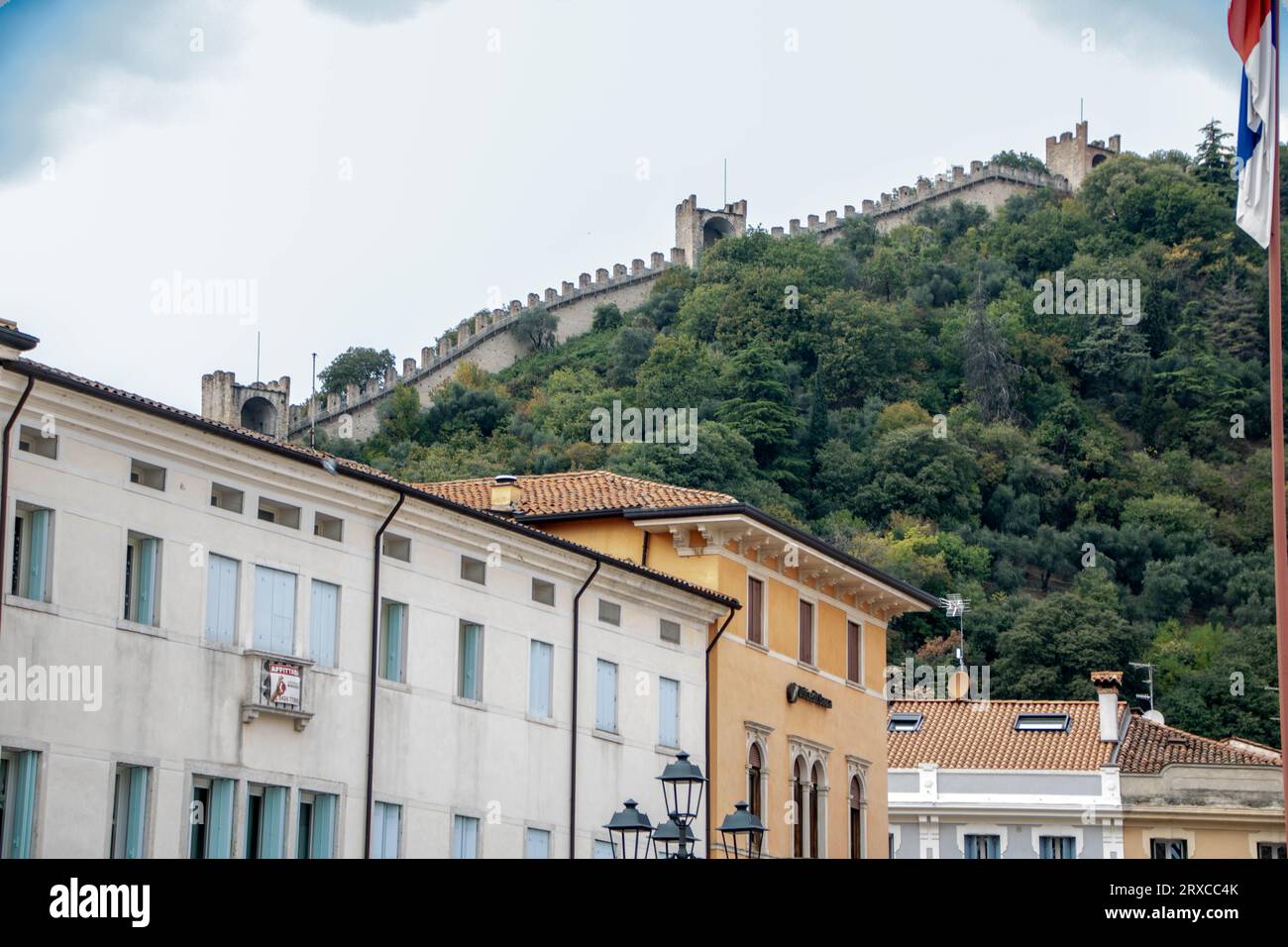 At Bassano del Grappa -Italy - On october - 2018 - The Chess Square of Marostica and the upper castle on the hill on background Stock Photo