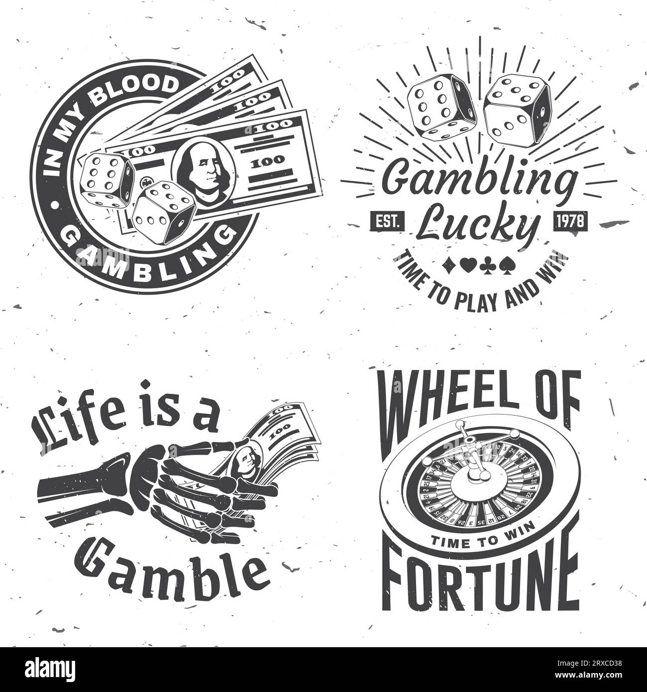 Gambling vintage print, logo, badge design with wheel of fortune, two
