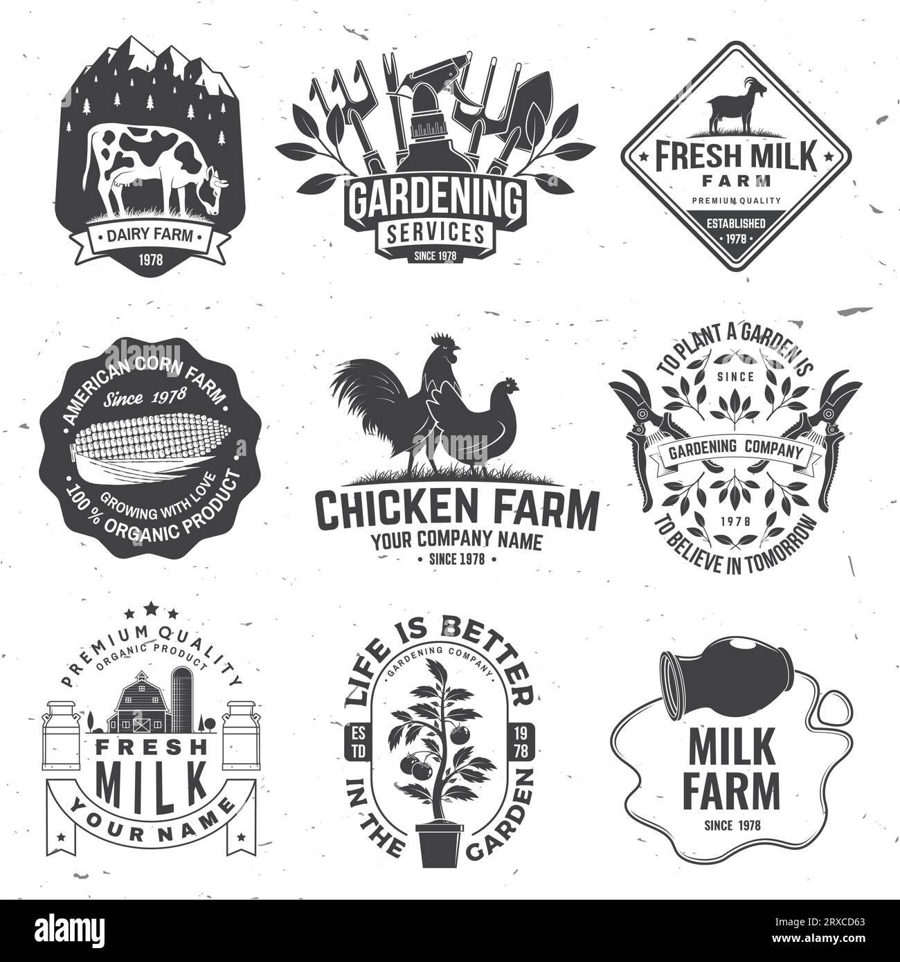 Set of gardening and yard work services and American Farm Badge or Label. Vector. Vintage typography design with chicken, pig, cow, hand secateurs Stock Vector