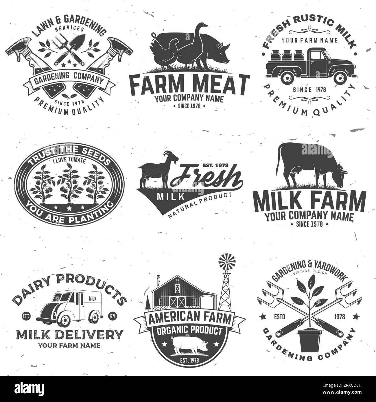 Set of gardening and yard work services and American Farm Badge or Label. Vector. Vintage typography design with chicken, pig, cow, hand secateurs Stock Vector