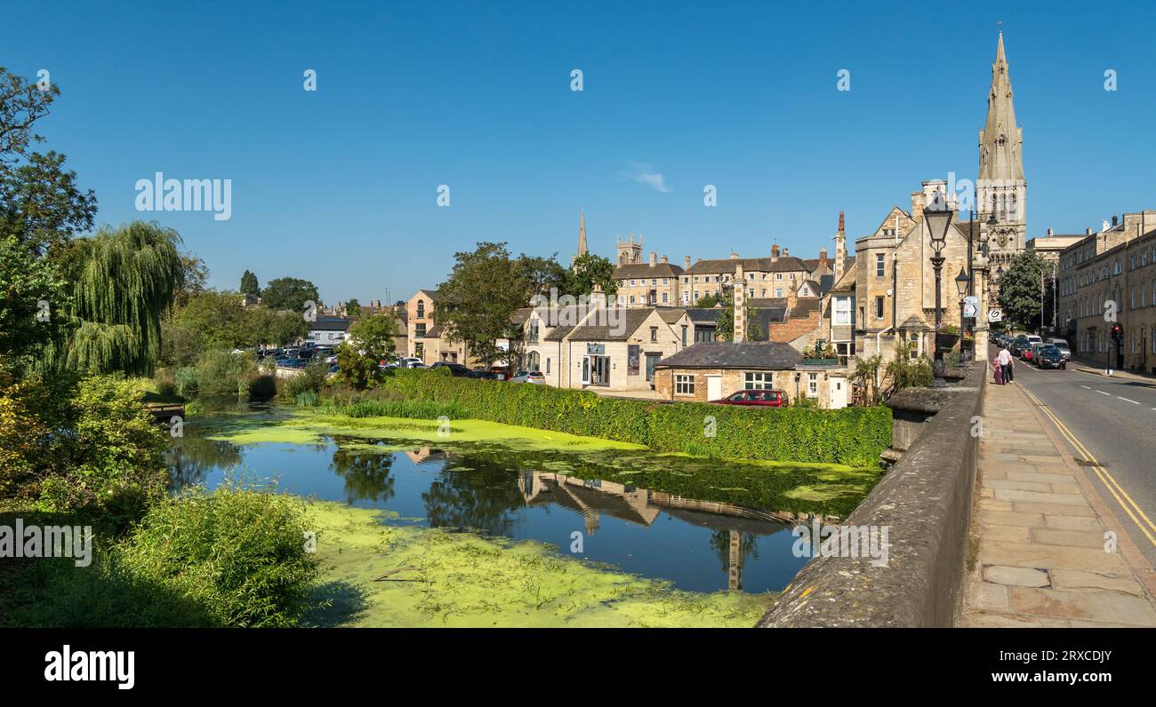 Panoramic view of Stamford and River Welland as seen from Town Bridge on a sunny September day, Stamford, Lincolnshire, England, UK Stock Photo