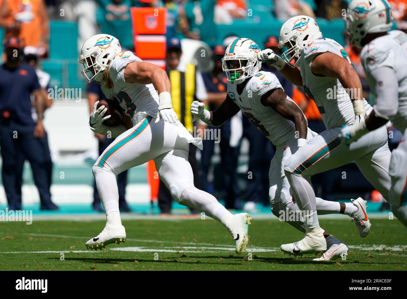 Miami Dolphins linebacker Andrew Van Ginkel (43) runs onto the field before  the start of an NFL football game against the Buffalo Bills, Sunday, Sept.  25, 2022, in Miami Gardens, Fla. (AP