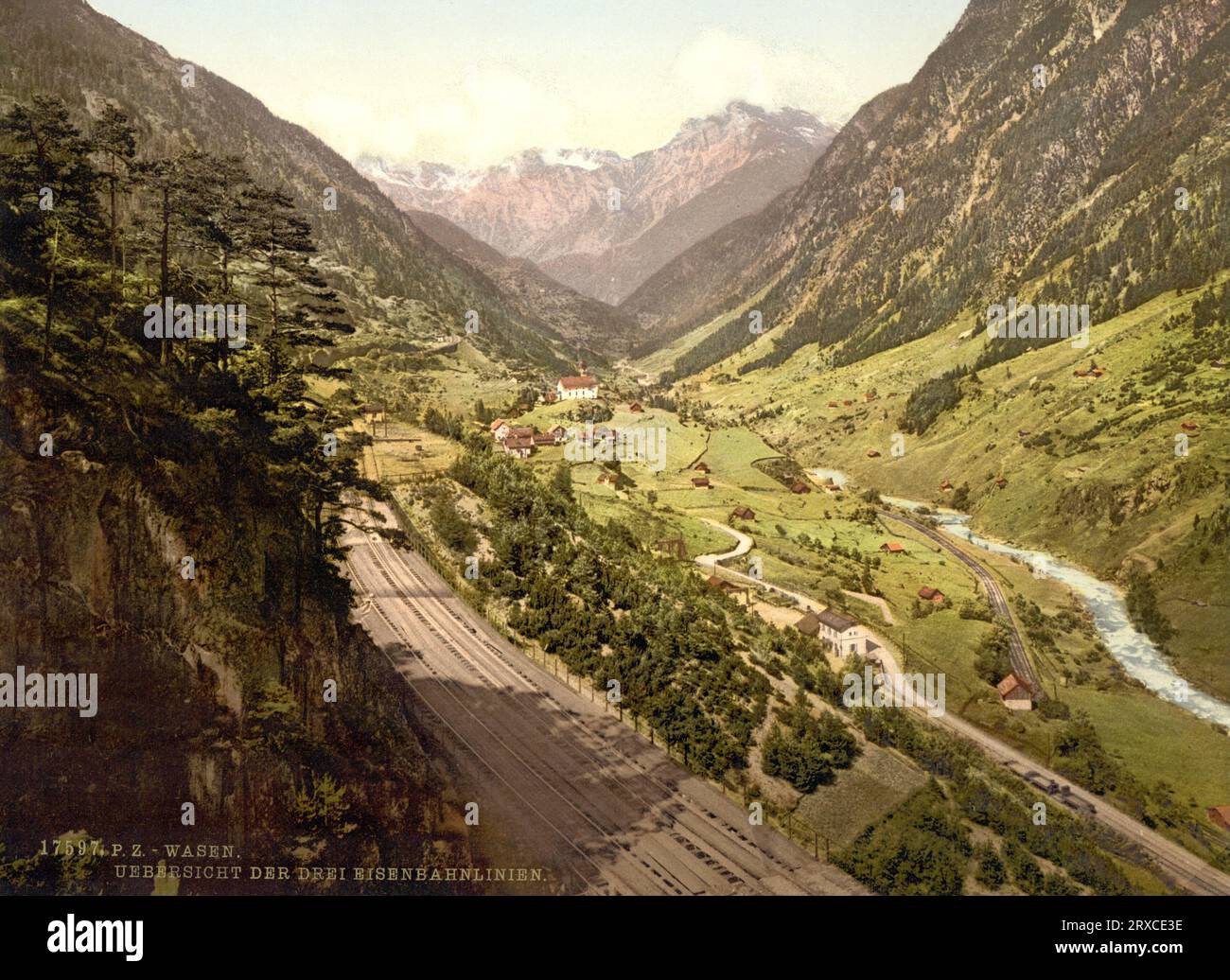 View of the three railway lines, St. Gotthard Railway, Wassen, Uri, Switzerland 1890. Stock Photo