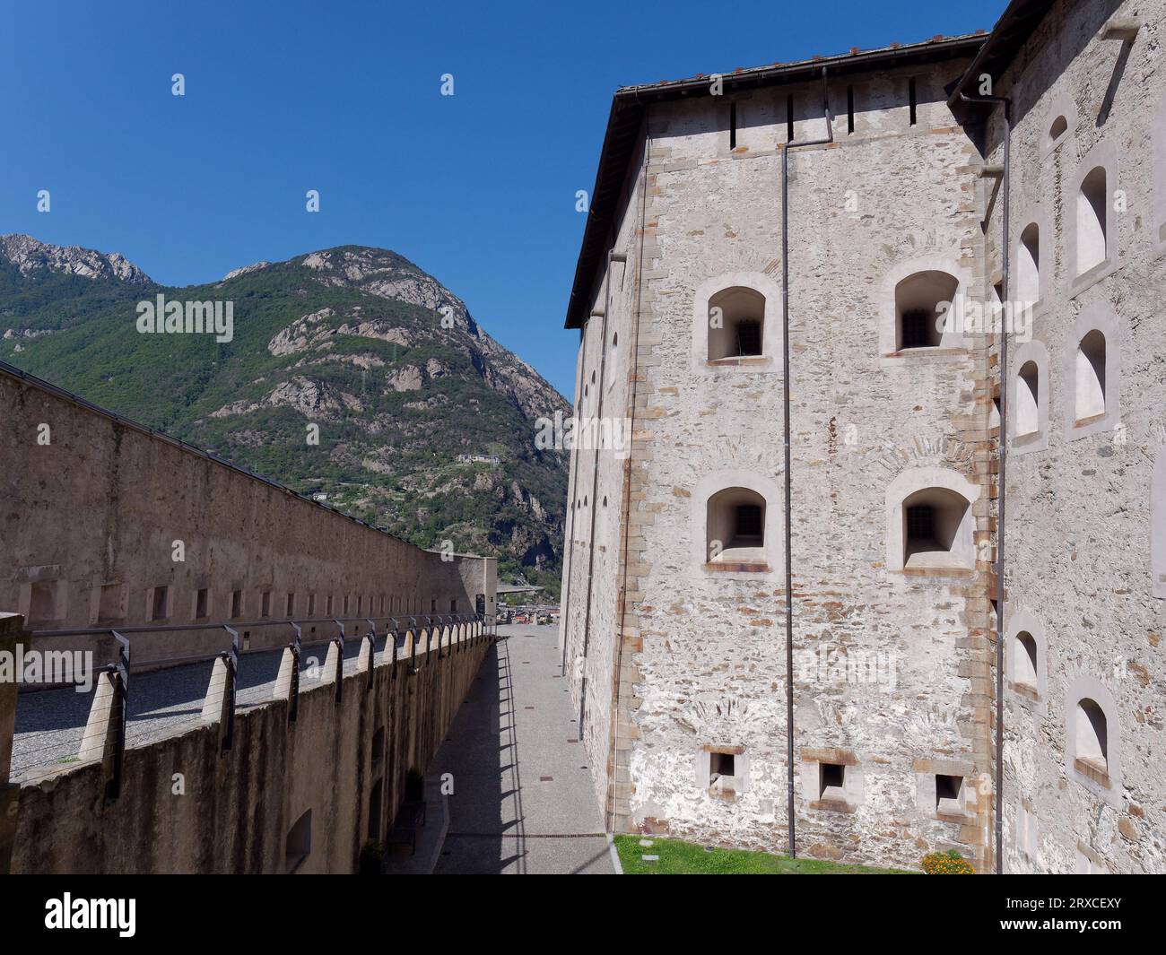 View from inside Forte di Bard (Fort of Bard) in the Aosta Valley Region NW Italy, September 24, 2023 Stock Photo