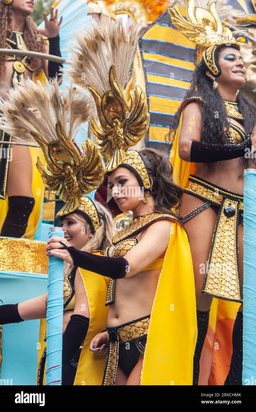 NOTTING HILL, LONDON, ENGLAND - 28 August 2023: Performers wearing costumes at Notting Hill Carnival 2023 Stock Photo